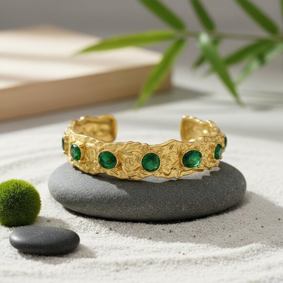 Vintage-Inspired Gold Cuff Bracelet | Green Zirconia Gems | 18K Gold Plated - Picture 6 of 12